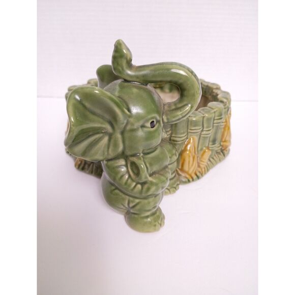 Majolica Pottery Lucky Happy Trunk Up Elephant with Bamboo Vintage Planter - Picture 4 of 11